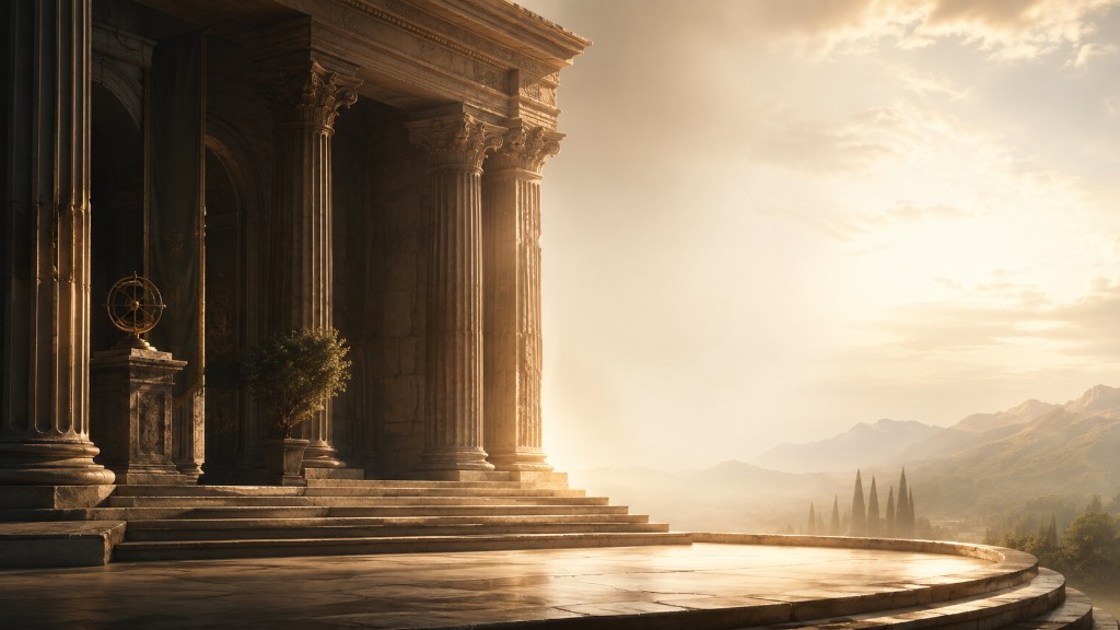 A stone terrace and columns overlooking mountains in warm evening light